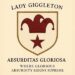 Royal Crest of Lady Giggleton, parchment background with dark jester hat and pentagram lettered with Absurditas Gloriosa, tag line is Where Glorious Absurdity Reigns Supreme