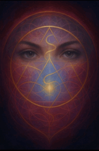 Magdalene Archetype Activation with sacred geometry and image of Magdalene Archetype eyes with geometric overlays